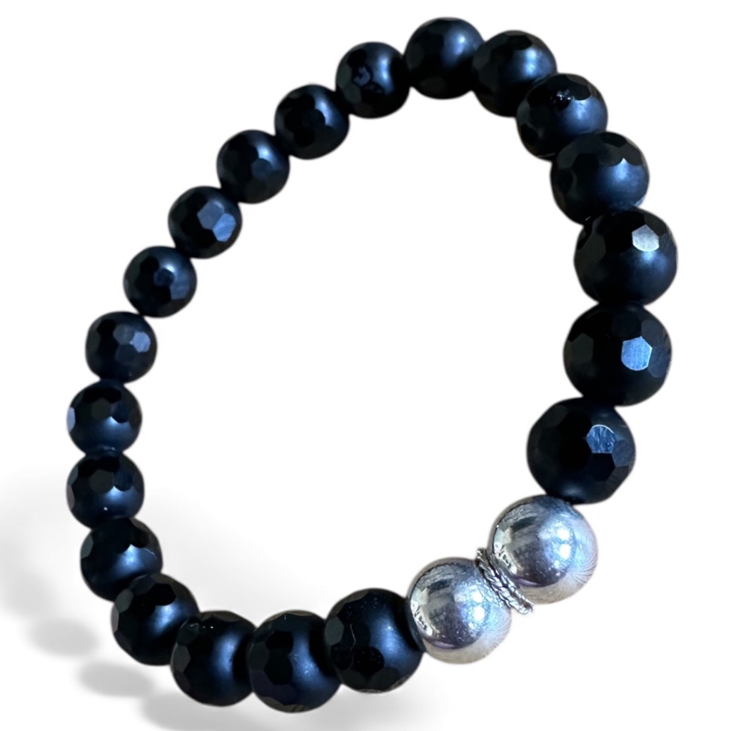 Matte Onyx W/ Faceted Details Stretch Bracelet W/ Sterling Silver Spacers